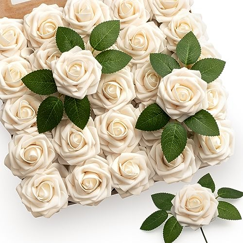 Mocoosy 50 pezzi di rose bianche crema fiori artificiali, rose in schiuma finta fiori sfusi con stelo e foglia per bouquet da sposa centrotavola feste casa decorazioni di fiori artificiali fai da te