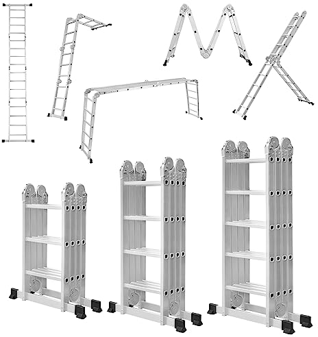 JOIEYOU Aluminium Leiter Gerüst, Klappleiter, 6 in1 Multifunktionsleiter, Ausziehbare Stehleiter Gelenkleiter, 4.7M, 4x4 Sprossen