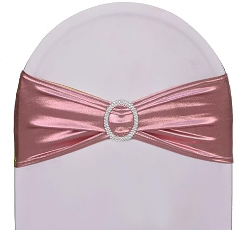 SweetEasy 50pcs Rose Gold Spandex Chair Sashes, Durable Workmanship,Stretch Bows with Buckle Stretchable for Wedding Party Banquet Event Bridal Shower Birthday Celebration Decoration(Rose Golden)