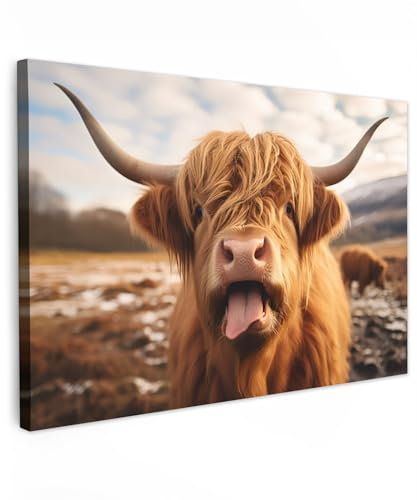 MuchoWow© Leinwand Groß 120x80 cm XXL Deko Schlafzimmer Aesthetic Leinwandbilder Wohnzimmer Gemälde Foto Geschenk Living Room Decoration Schottische Hochlandrind - Kuh - Highland Cow - Zunge - Hörner