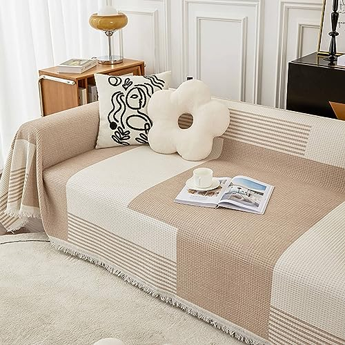 Mesnt Couchbezug 180 x 200, Braun Sofaüberwurf Decke Couch mit Geometrische Patchwork-Linien mit Quaste aus Baumwolle, 180x200cm