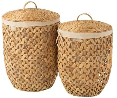 Set de 2 Paniers à Linge Jacinthe - En Jacinthe d'Eau Naturel - Doublure Textile - Diamètre 44,5 x H 69 cm - Diamètre 41 x H 61 cm