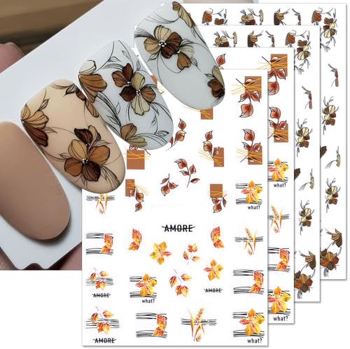 4 Blätter 3D Nagelsticker Herbst,Blume Nail Sticker Herbst Ahornblatt Gefallen Blätter Nagelaufkleber Geometrisch Linie Nagel Stickers für Frauen DIY Nagel Sticker Nageldesign Nägel Zubehör Nail Art