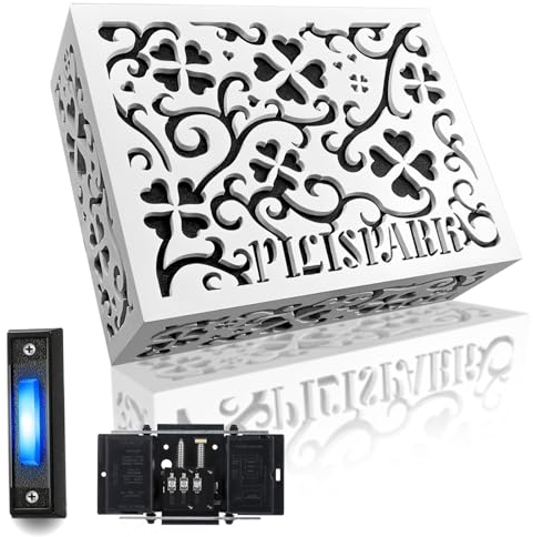 PILISPARK Universal Doorbell Chime Cover, Decorative Wooden Cover Plate with Extra Doorbell Button, Lucky Pattern Indoor Wall Decorative Doorbell Cover Box, 7.28 x 5.51 x 2.35