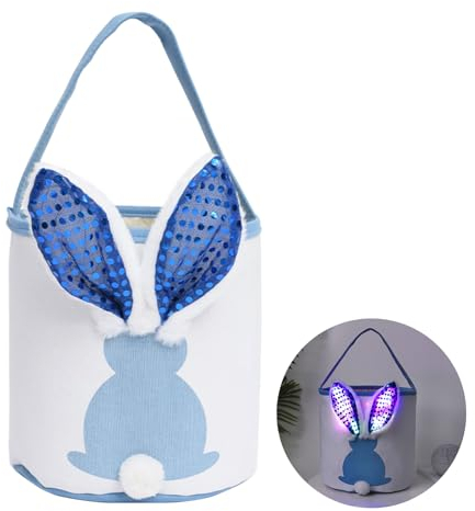 Osterkörbchen Mit Henkel, Osterkorb Hase Mit Led Licht, Osterdeko Beleuchtet, Osterdekoration Leuchtend, Osternester Zum Befüllen Kinder Mit Ohren Stoff Modern Basteln Plüsch Tisch Ostern Deko Blau