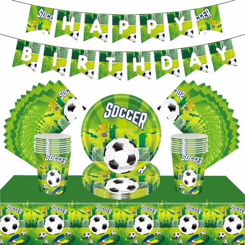 54Pcs Green Football Soccer Party Tableware Decorations for Boy Birthday, Football Game Table Cloth, 7inch Paper Plates, Banner, Paper Napkins for Kids Soccer Game Theme Table Ware Party Favor