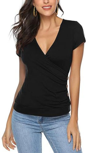 EMOTTOS Camisetas de Verano con Botones para Mujer, Y2K Slim Fit V-Cuello Cruzado Wrap Camisas, Suave Crop Top Profundo Cuello en V Camisa, Botón Túnica Tops Blusa, Moda Skinny Y2K tee Shirt(Black-L)