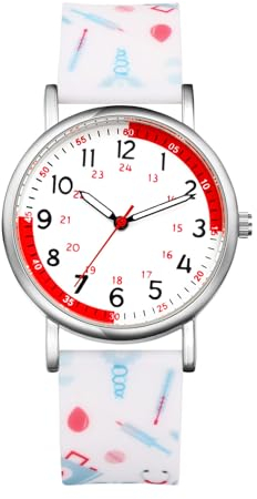 JewelryWe Uhren Damen Silikon Schwesternuhr: 30M Wasserdicht Analog Quarz Armbanduhr Frauen Medizinische Muster Weiß Gummi Armband Uhr mit Pulsberechnung für Krankenschwester Ärzte Sanitäter