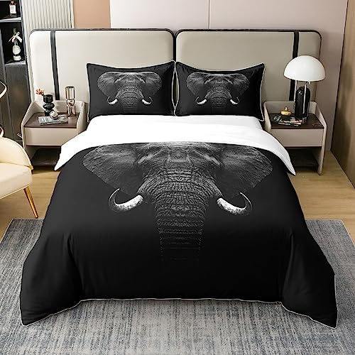 Loussiesd Elefant 100% Baumwolle Bettwäsche Set 135x200cm 3D Wild Tier Muster Bettwäsche-Set Home Decor Ethnic Elephant Drucken Schwarz Bettbezug Sets für Schlafzimmer
