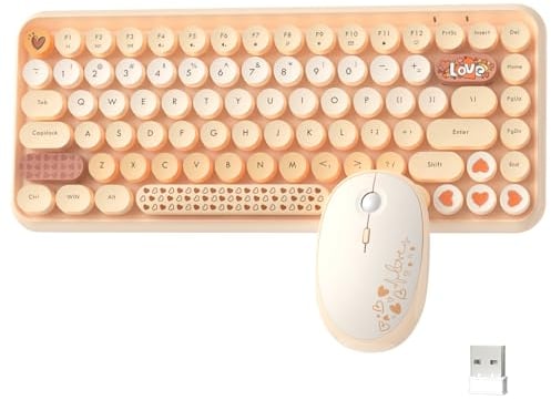 AJAZZ PC Wireless Keyboard and Mouse Set 2.4Ghz USB,84 Keys Retro Typewriter Round Key Caps 75 Percent, Small Cordless Aesthetic Mouse, Compatible with Laptop Computer for Office Game-Gradient Orange