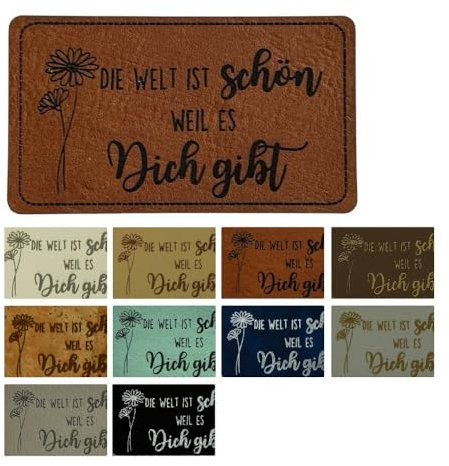 Kunstleder-Etiketten DIE WELT IST schön WEIL ES Dich gibt Ausführung ohne Löcher, zum Aufnähen, Farbe Kunstleder Effekt Kork Natur