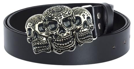 Modischer Herren-Ledergürtel, weiches Leder, Taillengürtel mit Metall-Totenkopf-Schnalle, für Jeans, Hosen, Länge 104 cm, e, 105 cm