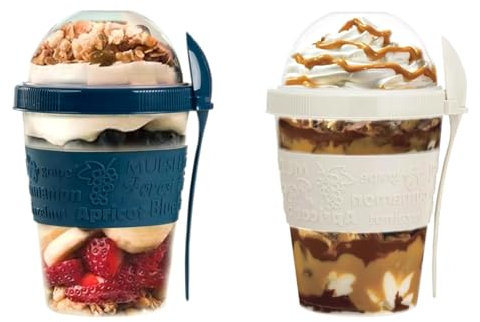 Seveston Yogurt Pots 2PCs Reusable 600ml overnight oats jar with lid & Spoon On The Go Breakfast Cereal Storage Containers snack pots Oatmeal Jars Set of 2 (Navy Blue, White)