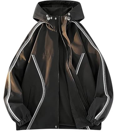 Ewleguzka Leichte Herren-Regenjacke mit Kapuze, gefüttert, Gummi, Regenmäntel für Jungen, wasserdicht, winddicht, Übergröße, Jacken für Herren, Patchwork, Reißverschluss, schwarz 1, XXL