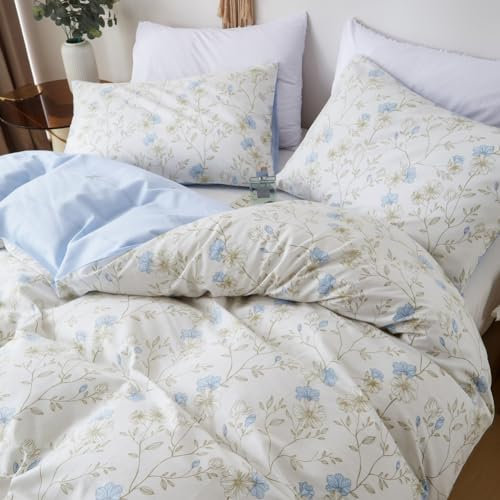 Covebett Cotton Double Duvet Cover White Blue Floral Flower Bedding Set 3 pcs, 1 Soft Breathablel Quilt Cover 200x200 cm with Zipper Closure and 2 Pillowcases 50x75