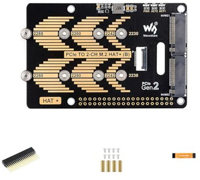 PCIe to 2-Ch M.2 Adapter Module Type B for Raspberry Pi 5 Fits 2280/2260 / 2242/2230 Size NVMe Protocol M.2 SSD High-Speed Reading/Writing for Raspberry Pi 5 NVMe HAT 5Gbps Data Rate