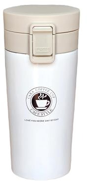 Vaso Térmico Camping de Acero Inoxidable Doble Pared para Café - Taza Térmica de Viaje, Mantiene Bebidas Calientes 12 Horas y Frías 24 Horas, con Botón para Abrir (Blanco)