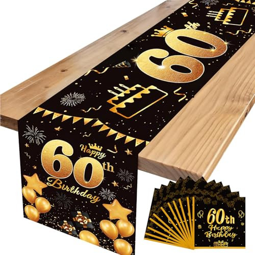 ZOCONE Tischläufer 60 Geburtstag Mann mit 20 Stück Servietten 60 Geburtstag Deko Tischdecke Schwarz Gold Party Tischdeko Geburtstag Tischbanner 60th Birthday Table Runner Leinen Geburtstagsdeko Tisch