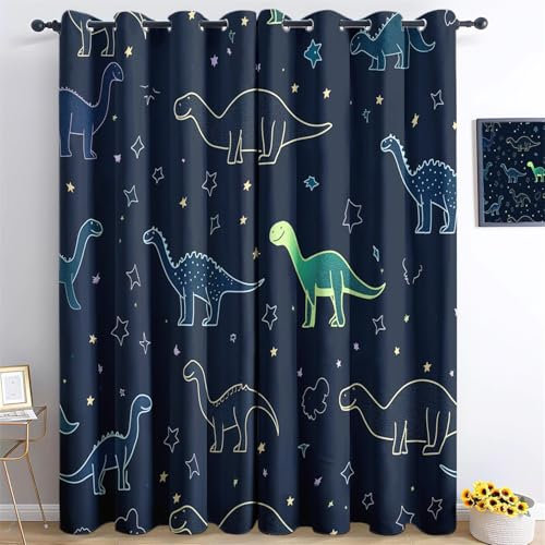 Blickdichte Vorhänge Blau für Wohnzimmer Gardinen mit Ösen Verdunklungsvorhänge Glitzer Dinosaurier Privatsphäre Schützende Gardinen für H215x B110 cm (2er Pack)
