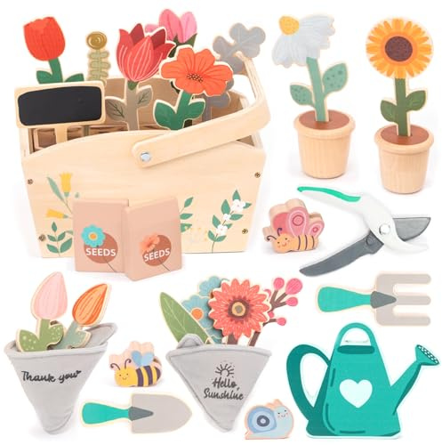 umu® Wooden Garden Play Set – 30 Pcs Kids Gardening Toy with Watering Can Shovel Rake Basket & Accessories – Outdoor Pretend Play Tool Set for Boys & Girls Ages 3 4 5 6