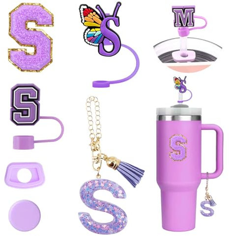 6PCS Personalisierte Tumbler Zubehör für Stanley Cup, Stroh Cover für Stanley Cup, Initialen Dekorationen, Brief Aufkleber, Brief Charm, Strohhalm Abdeckung und Leck Stopper für Tumbler. (S)