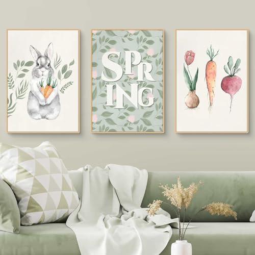 3er Ostern Poster Set, Bilder Kinderzimmer Poster Babyzimmer, Frühling Wandbilder Bunte Kaninchen Ei Ostern Bilder Poster & Kunstdrucke, Geschenk für Mädchen und Jungen, Ohne Rahmen (DEF,21x30cm)