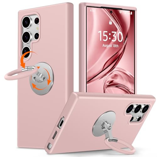 XYZ für Samsung Galaxy S25 Ultra Hülle mit Ständer, flüssiges Silikon Handyhülle mit Drehbarer Weich Silikon Ring, Stoßfeste Schutzhülle für Samsung S25 Ultra Case, Rosa