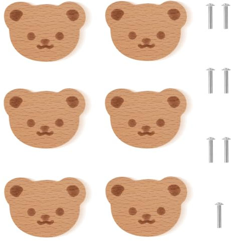 HIQE-FL Boutons de Tiroir en Bois Massif, 6 Pièces Poignées de Meubles Pour Animaux, Boutons de Porte D'Armoire, Poignée de Tiroir Avec Vis
