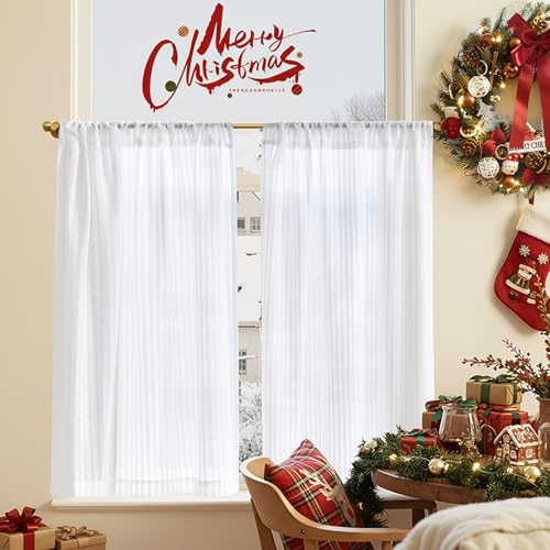 TOPICK White Striped Voile Net Kitchen Curtains 36 Inch Drop Sheer Light Filtering Short Tier Cafe Curtains for Bathroom Cupboard Living Room Door Small Window Rod Pocket 2 Panels