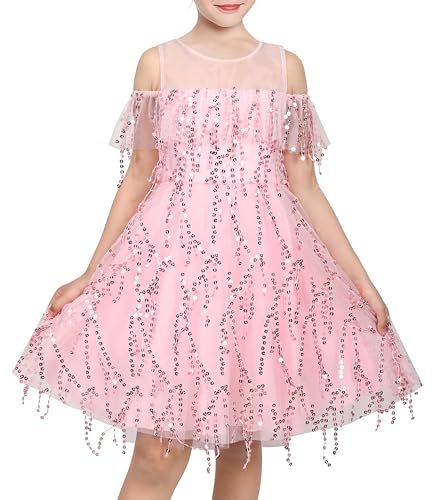 Robe Fille Rose pâle Épaule Tulle Sequin Perlé Évasé sans Manches 7 Ans