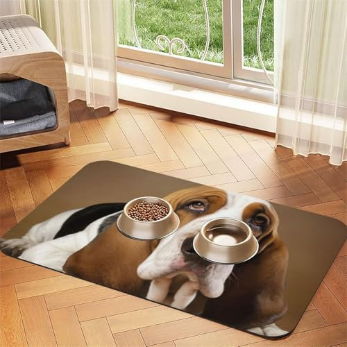 Basset Hound Pet Feeding Mat Absorbent Pu Leather Dog Cat Food Mats Contain Spills Protects Floors, Anti-Slip Rubber Backing Dog Bowl Mats Easy Clean Pet Placemats 40x60cm