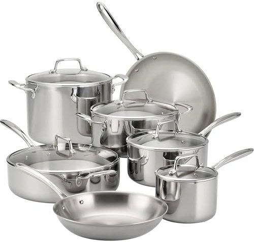 Tri-ply Clad Stainless Steel 12-Piece Cookware Set with Glass Lids, Pots and Pans Kitchen Set, Induction-Ready, Dishwasher-Safe(12-Piece/Stainless Steel)