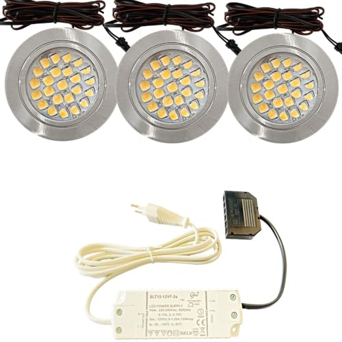 3x LED Möbel Einbauspots Mila 12V 2,4W Warmweiß 3000K – ultraflach 12mm Einbautiefe, Ø58–60mm Bohrloch, Plug & Play Trafo, 230V Zuleitung mit Schnurschalter – Strahler für Möbel & Vitrinen usw
