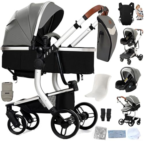 Reenborn PU-Leder Kinderwagen 3 in 1, Buggy mit Ein-Klick-Faltdesign, Kinderwagen mit Zwei Umkehrbaren Schiebemodi, Kombikinderwagen 3 in 1 Komplettset Rahmen Aluminiumlegierung (L518 Grey)