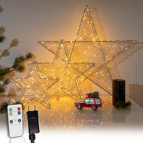 Strombetriebener LED Weihnachtsstern Silber mit Fernbedienung & Timer - dimmbar - Dekostern beleuchtet mit warmweißen LEDs Innen/Außen Weihnachtsdeko Fensterdeko (Silber, 160 LEDs - B57xH54xT8)