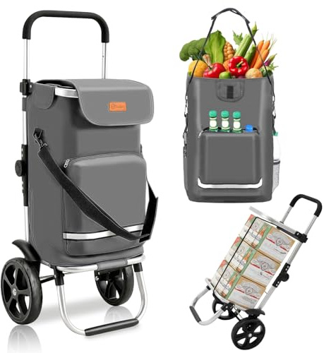 Sekey XXL Faltbarer Einkaufstrolley, extra groß 60L klappbarer Trolley Grau | 3-in-1 leichter Einkaufswagen mit höhenverstellbarem Griff, Aluminium, Kühlfach und Getränkefach für Camping und Einkäuf