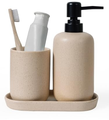 Autumnlife Badezimmer Set Beige, 3-teilig aus Keramik mit Seifenspender | Keramik Badezimmer Set Mit schmalem Seifenspender, Zahnputzbecher, Ablageschale – kompakt für Waschbecken, Bad, Gäste-WC