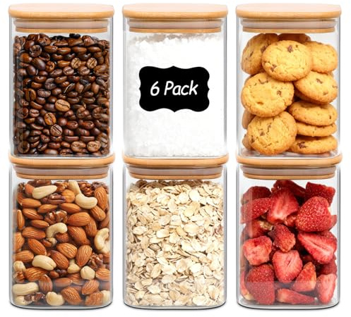 ComSaf Bocaux en verre avec couvercles 800 ml, lot de 6 pour la cuisine | Rangement cuisine, Couvercles en bambou, Croquettes pour chiens, Pinces de cuisine, Fruits secs, Verre borosilicaté