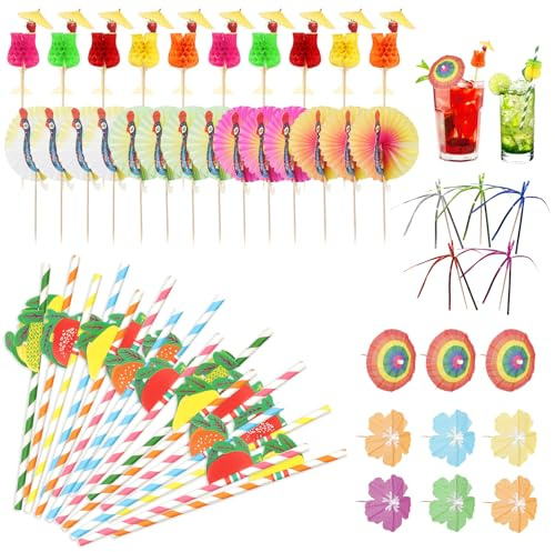 Cocktail Accessories for Drinks, 120 pcs Cocktail Decorations Set, Reusable Drink Umbrellas, Paper Straws, Sparkler Sticks, Stirring Stirrers for Hawaiian Summer Beach Party Decoration