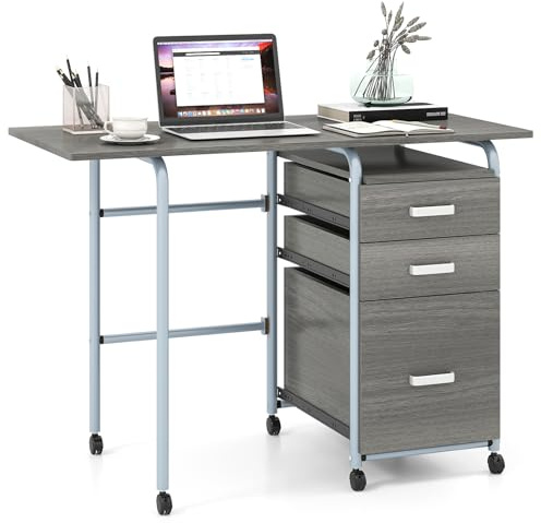 COSTWAY Scrivania Salvaspazio con 3 Cassetti e Ruote Bloccabili, Scrivania Porta PC Pieghevole con Struttura in Metallo per Studio e Ufficio, 105 x 50 x 75 cm (Grigio)