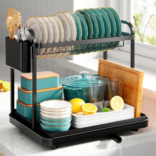 Kitsure Escurreplatos de Cocina - Escurreplatos Acero Inoxidable Ahorra Espacio, escurridor de Platos con Porta Cubiertos, 2 Niveles, Negro.