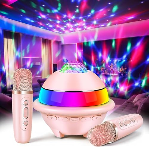 JONRRYIN Micro Karaoke Enfant avec Lumineux LED Disco, Enfant Enceinte Karaoké Portable avec 2 Microphone sans Fil Bluetooth, Micro Enfant pour Chanter, Jouet Cadeau Paques Fille (Rose)