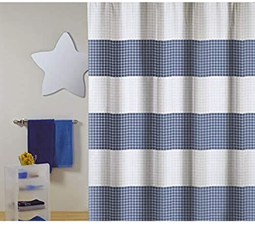 MSV Cotexsa by Premium Anti-Schimmel Textil Duschvorhang - Anti-Bakteriell, waschbar, 100% wasserdicht, mit 12 Duschvorhangringen - Polyester, „Quadro“ Weiß Blau 180x200cm – Made in Spain