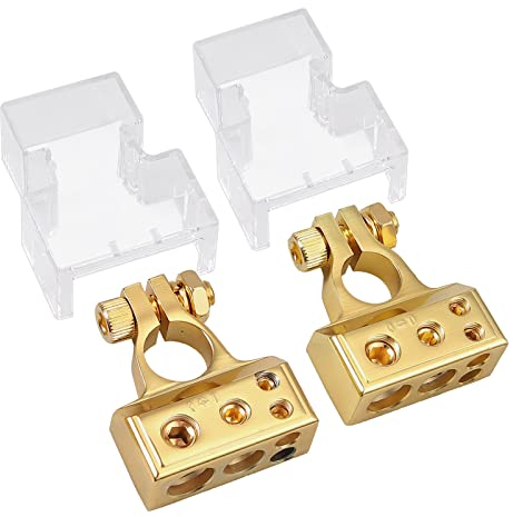 AUTOUTLET 2PCS Batterie Klemme Batterieklemme, 2/4/8/8 AWG Autobatterie Klemmen, Positiv und Negativ Battery Terminal Anschlussstecker, mit Abdeckung, Gold