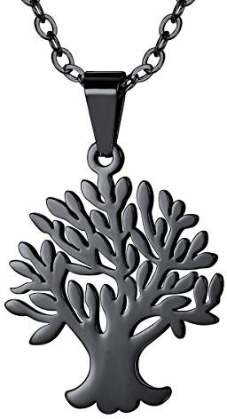 FOCALOOK Collier Femme Noir Pendentif Arbre de Vie Simple Chaîne 50+5cm Réglable 2mm Bijou Acier Religieux