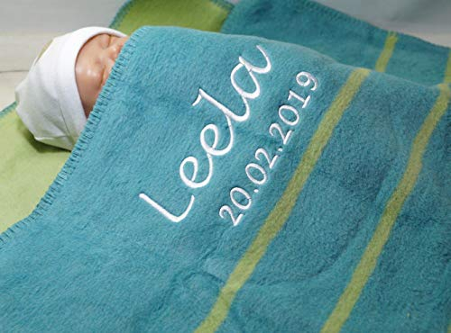 ★ Babydecke mit Namen und Datum bestickt ★ 100% Baumwolle ★ Geburt ★ (Türkis - Grün, 75 x 100 cm)