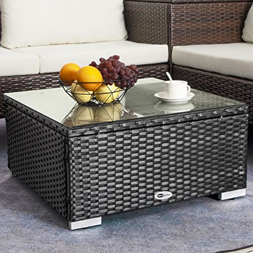 DIMAR GARDEN Couchtisch für den Außenbereich, Rattan-Beistelltisch mit Glasplatte, 64 cm, Schwarz
