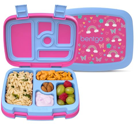Bentgo Kids Prints Leak-Proof, 5-Compartment Bento-Style Kids Lunch Box - Ideal Portion Sizes for Ages 3-7, Durable, Drop-Proof, Dishwasher Safe, & PFAS & BPA-Free Materials (Rainbows & Butterflies)