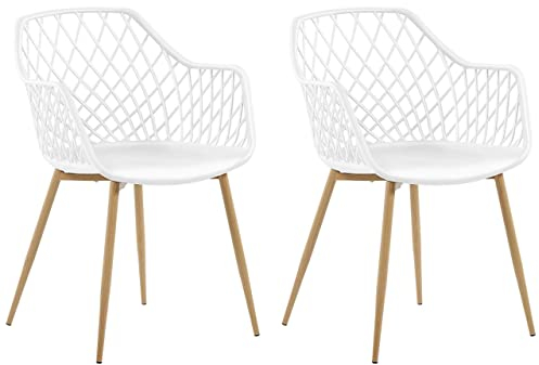 Beliani Lot de 2 Chaises Design avec Assise en Plastique Blanc et Pieds en Métal Effet Bois Clair pour Salle à Manger Salon ou Cuisine Scandinave