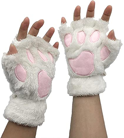 Tonsee Bekleidung 1 Paar Handschuhe Fingerlos Damen Mädchen Plüsch Halb Handschuhe Dicken Warmen Fingerhandschue Niedlich Cartoon Tier Bär Katze Krallen Fäustlinge Winterhandschuhe (Weiß)